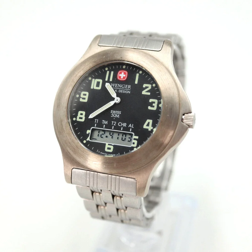 Vintage Wenger Silver Tone 40mm Ana Digi Watch Analog Digital Black New Battery